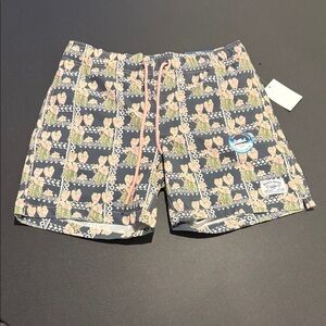 Men's Navy Floral Athletic Shorts with Pink Accents